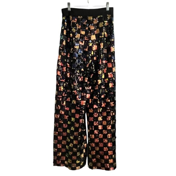 MSRP 288 QUEEN OF SPARKLES BLACK SEQUIN CHECKERED PANTS WOMENS SMALL RAINBOW - Picture 3 of 6